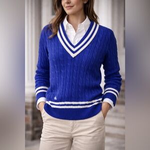 Lauren Ralph Lauren Cable Knit V-Neck Sweater Blue White Striped Size M Preppy